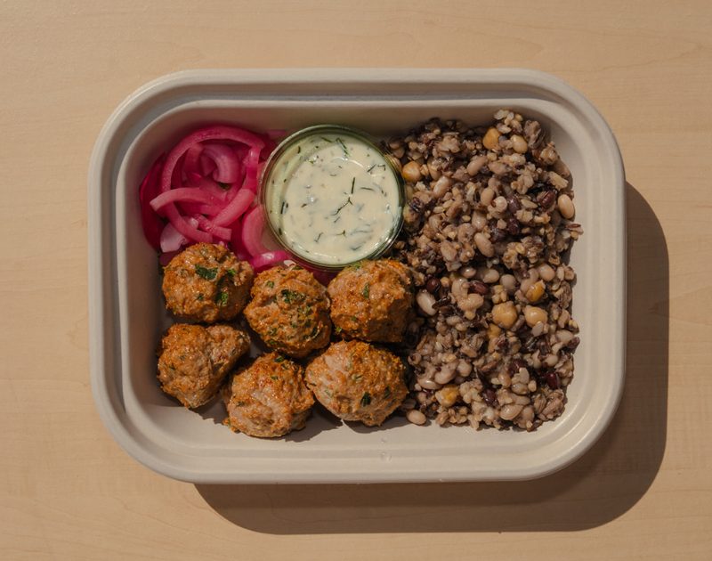 Turkey meatballs with multigrain rice and pickled onions