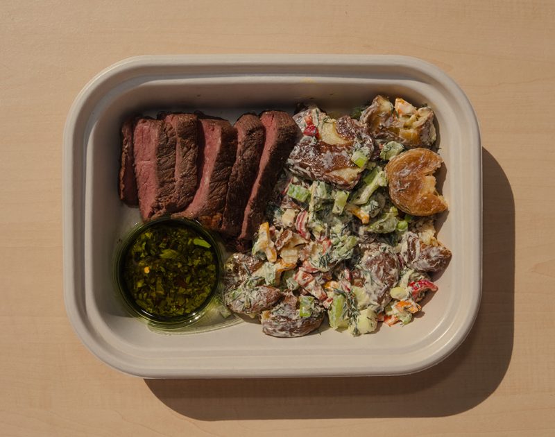 Grilled sirloin steak with dill yogurt smashed potato salad